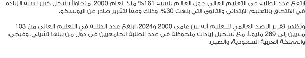 ارتفع عدد الطلبة في التعليم العالي حول العالم بنسبة 161% منذ العام 2000، متجاوزاً بشكل كبير نسبة الزيادة في الالتحاق ...