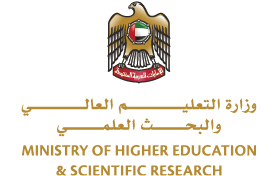 شعار وزارة التعليم العالي والبحث العلمي يتضمن نسرًا يحمل شعار دولة الإمارات العربية المتحدة مع نص باللغتين العربية والإنجليزية. Description generated by AI