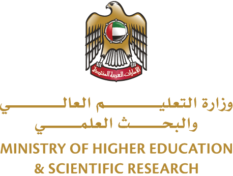 شعار وزارة التعليم العالي والبحث العلمي يتضمن نسرًا يحمل شعار دولة الإمارات العربية المتحدة مع نص باللغتين العربية والإنجليزية. Description generated by AI