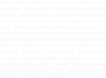 The workshop, which drew the participation of 610 academic advisors from both public and private schools, showcased E...