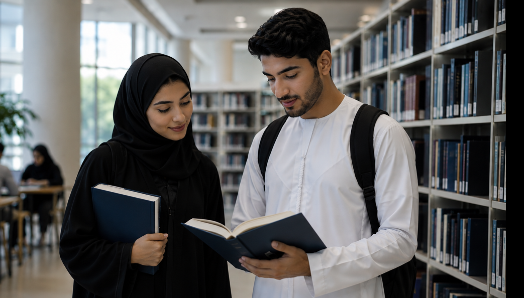 شخصان يرتديان ملابس تقليدية ويتبادلان قراءة كتاب في مكتبة مليئة بالرفوف المليئة بالكتب. Description generated by AI
