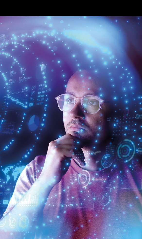 Man look at the dashboard with graphs and charts. Concept of data management system, business intelligence, data statistics, marketing analysis, key performance indicators (KPI) and analytics.