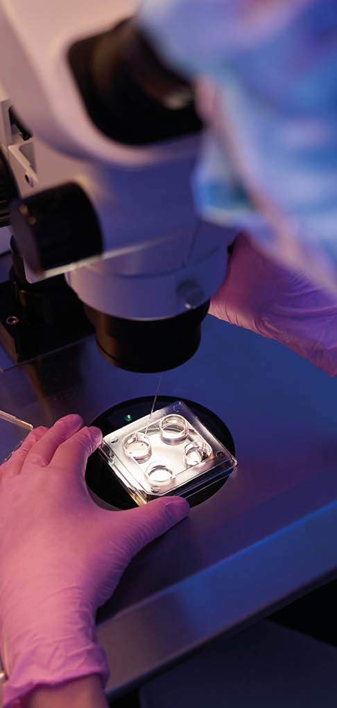 Lab geneticist carrying out micropipette cell aspiration under microscope