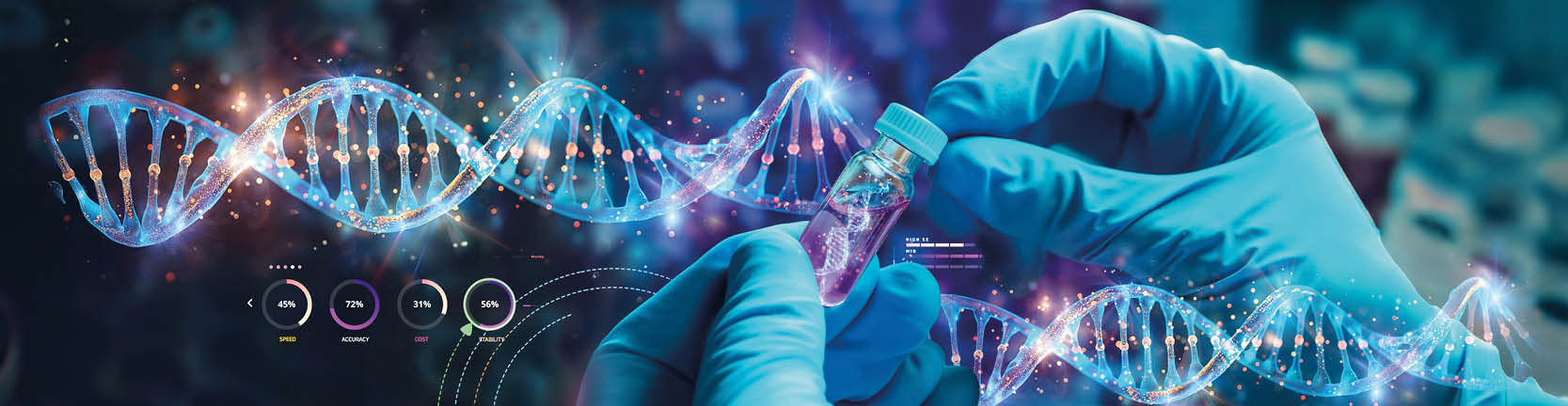 scientist holding medical testing tubes or vials of medical pharmaceutical research with blood cells and virus cure using DNA genome sequencing biotechnology as wide banner hologram