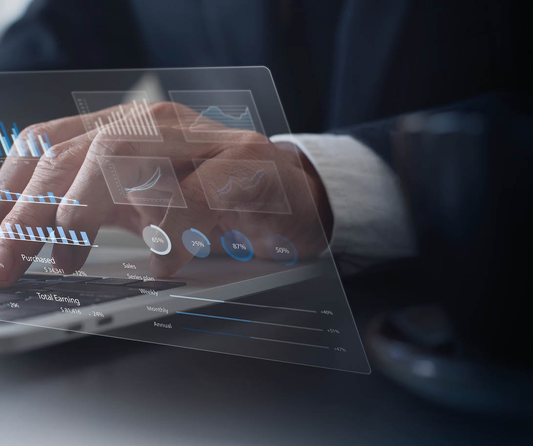 Businessman using laptop computer analyzing sales data and financial growth graph chart report. Business planning, strategy and development. Financial accounting. market research, data analysis