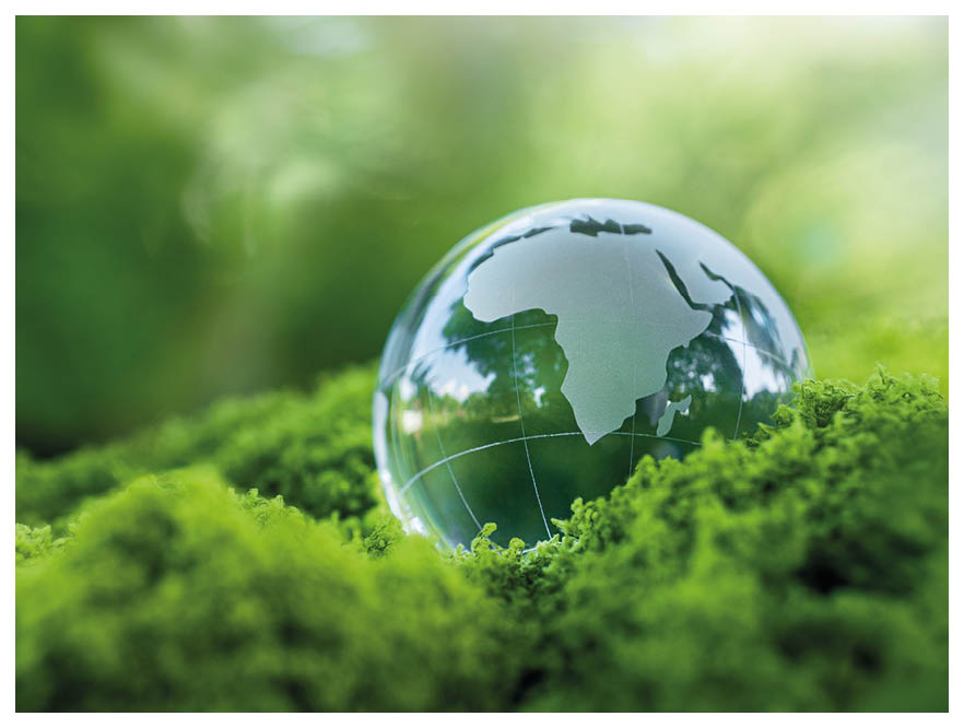 Environmental concept - Crystal globe on green moss in forest to protect nature. Eco-friendly esg conservation care for the earth for sustainability keep the earth clean and ecology. Earth Day