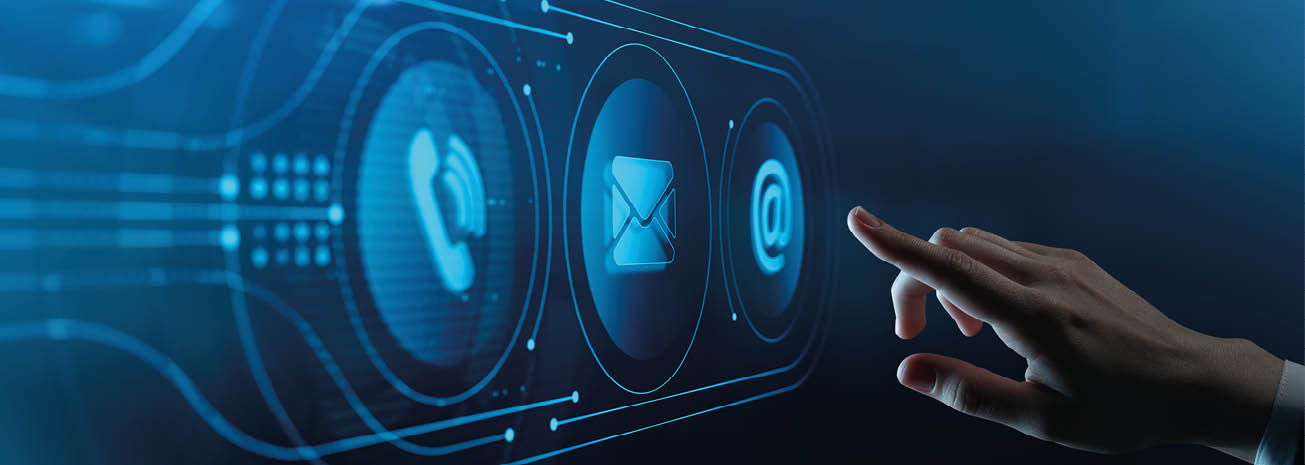 Support concept. Human Hand Touching Futuristic Virtual Screen with Contact us Customer hotline icon