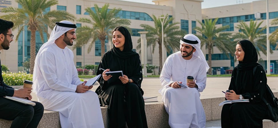 A group of 4 to 5 university students enjoying a sunny afternoon on a Dubai university campus. Two Emirati students — one male in a white kandura and one female in a black abaya — are chatting and smiling with international peers. They're seated casually