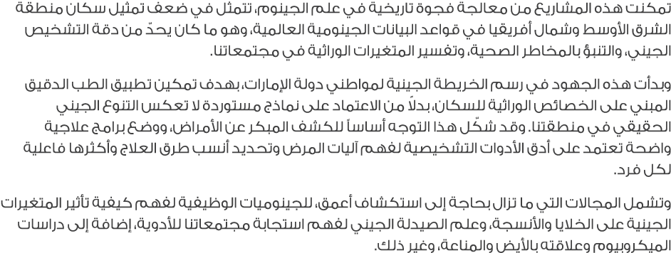 تمكنت هذه المشاريع من معالجة فجوة تاريخية في علم الجينوم، تتمثل في ضعف تمثيل سكان منطقة الشرق الأوسط وشمال أفريقيا في...