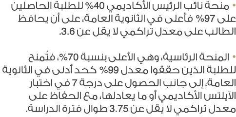 • منحة نائب الرئيس الأكاديمي 40% للطلبة الحاصلين على 97% فأعلى في الثانوية العامة، على أن يحافظ الطالب على معدل تراكم...
