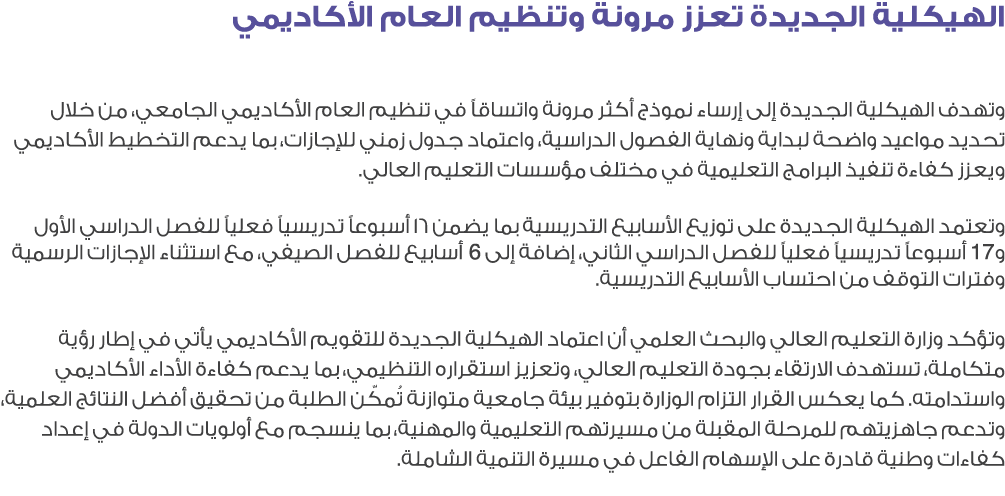 الهيكلية الجديدة تعزز مرونة وتنظيم العام الأكاديمي وتهدف الهيكلية الجديدة إلى إرساء نموذج أكثر مرونة واتساقاً في تنظي...