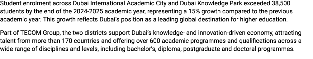 Student enrolment across Dubai International Academic City and Dubai Knowledge Park exceeded 38,500 students by the e...