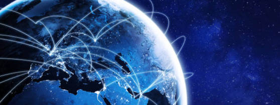 Connections around planet Earth viewed from space at night, cities connected around the globe by shiny lines, international travel or global business finance, world connectivity, elements from NASA (https://eoimages.gsfc.nasa.gov/images/imagerecords/90000/90008/europe_vir_2016_lrg.png)