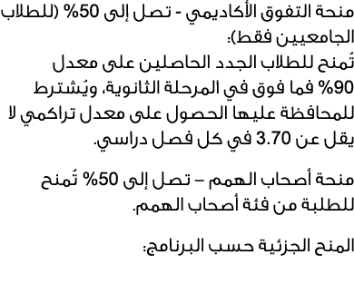 منحة التفوق الأكاديمي تصل إلى 05% (للطلاب الجامعيين فقط): تُمنح للطلاب الجدد الحاصلين على معدل 09% فما فوق في المرحلة...