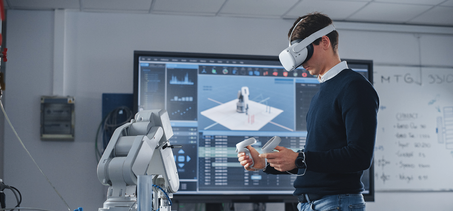 Student Engineer Using Virtual Reality Software for His Project. Man with Headset and Controllers Studying at Modern University in Classroom. Futuristic and High Tech Concept