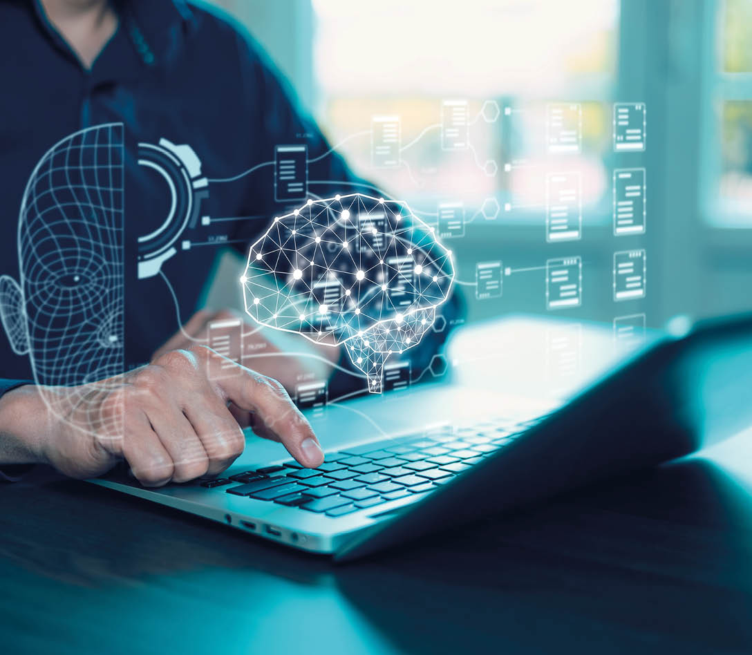 Programmer people working laptops or smartphones with AI, artificial intelligence software engineer coding on laptop computers with technology icons and binary code, big data, Ai bot digital machine