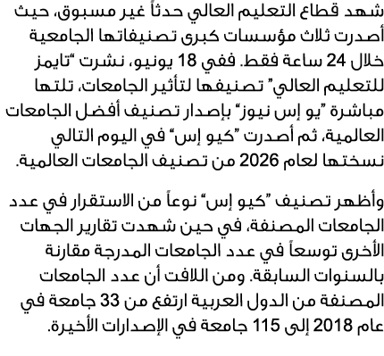 شهد قطاع التعليم العالي حدثاً غير مسبوق، حيث أصدرت ثلاث مؤسسات كبرى تصنيفاتها الجامعية خلال 42 ساعة فقط. ففي 81 يونيو...