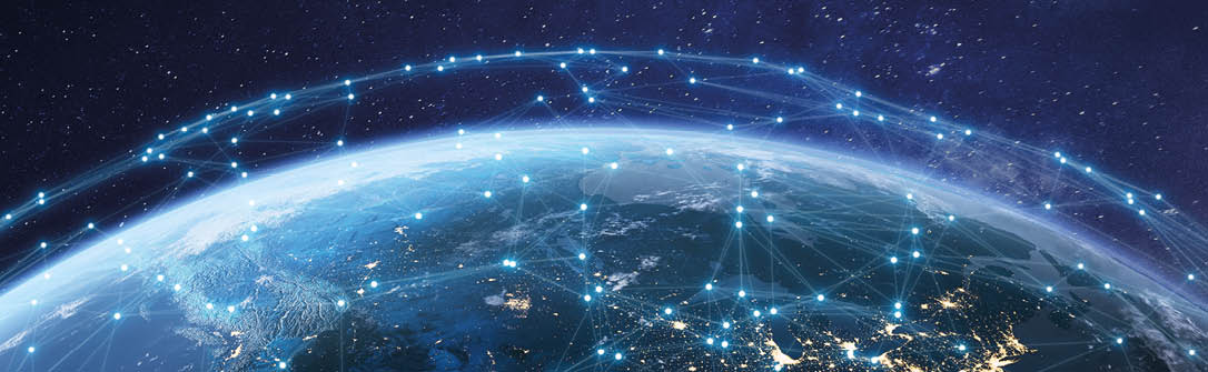 Telecommunication network above North America from space by night with city lights in USA, Canada and Mexico, satellite orbiting Planet Earth for Internet of Things IoT and blockchain technology