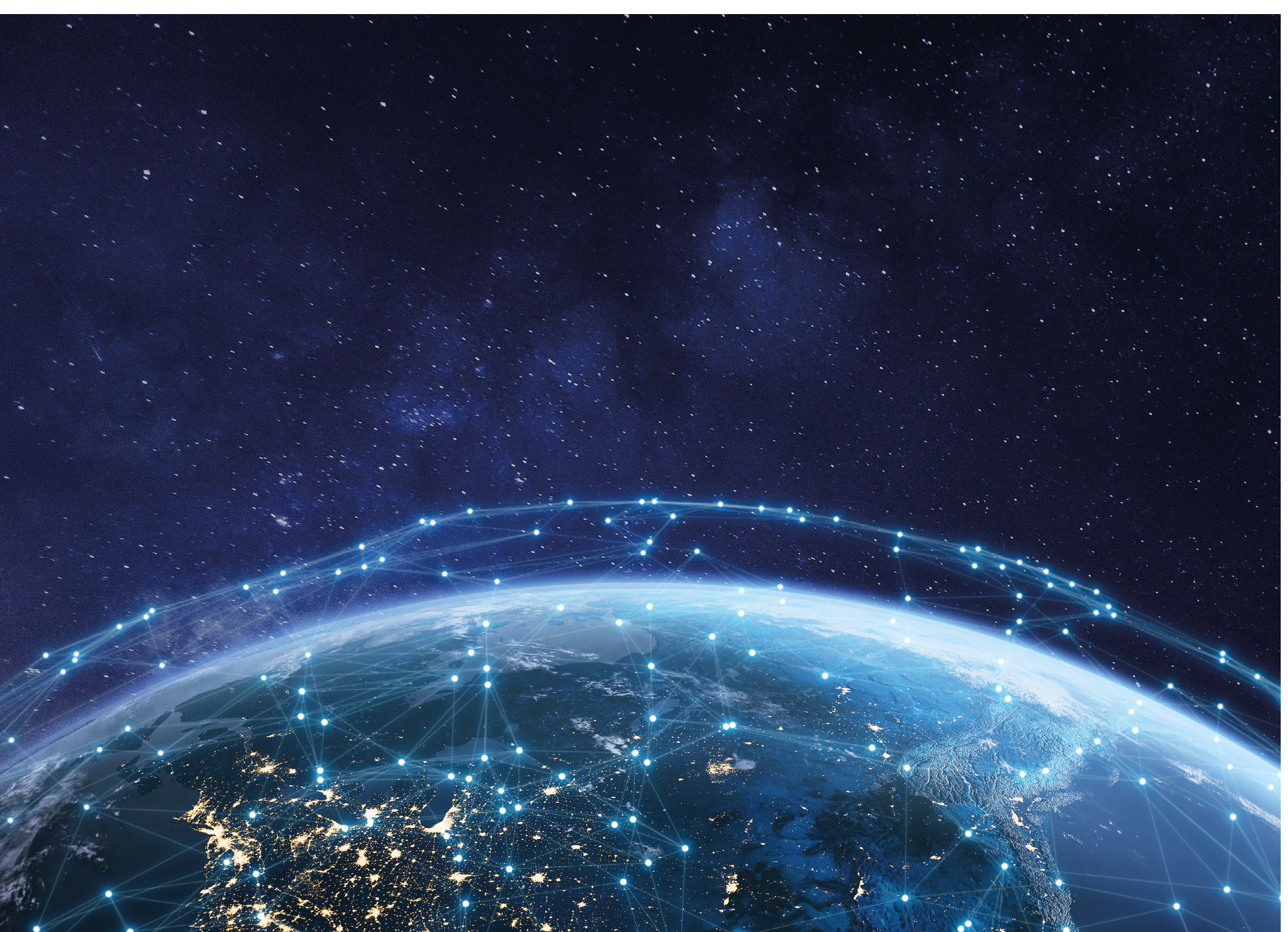 Telecommunication network above North America from space by night with city lights in USA, Canada and Mexico, satellite orbiting Planet Earth for Internet of Things IoT and blockchain technology
