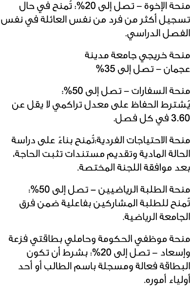 منحة الإخوة تصل إلى 02%: تُمنح في حال تسجيل أكثر من فرد من نفس العائلة في نفس الفصل الدراسي. منحة خريجي جامعة مدينة ع...