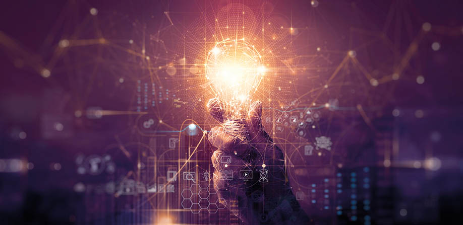Businessman hand holding creative light bulb with industry network,analysis solution and development marketing network icons planning strategy, Modern business, Innovative of new ideas.