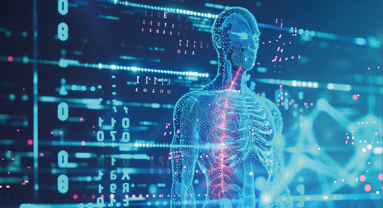 Abstract digital human body hologram with futuristic medical data.