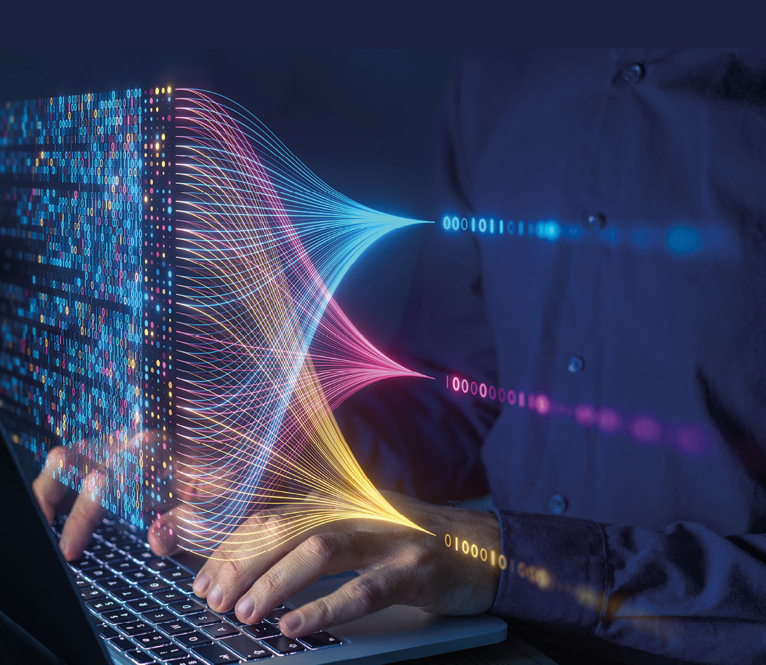 Data science and big data technology. Scientist computing, analysing and visualizing complex data set on computer. Data mining, artificial intelligence, machine learning, business analytics.