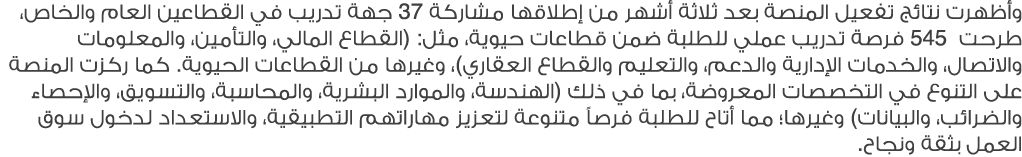 وأظهرت نتائج تفعيل المنصة بعد ثلاثة أشهر من إطلاقها مشاركة 37 جهة تدريب في القطاعين العام والخاص، طرحت 545 فرصة تدريب...