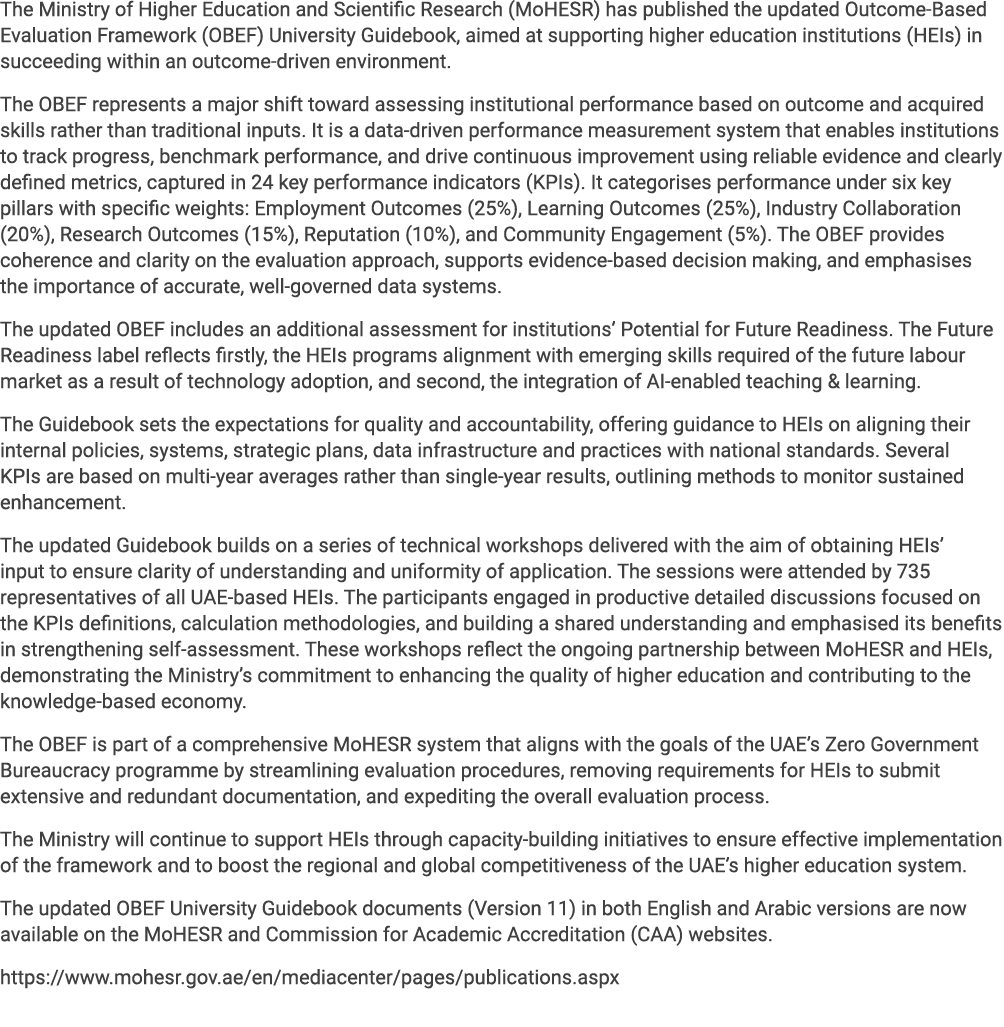 The Ministry of Higher Education and Scientific Research (MoHESR) has published the updated Outcome Based Evaluation ...