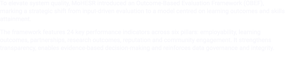 To elevate system quality, MoHESR introduced an Outcome Based Evaluation Framework (OBEF), marking a strategic shift ...
