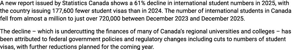 A new report issued by Statistics Canada shows a 61% decline in international student numbers in 2025, with the count...