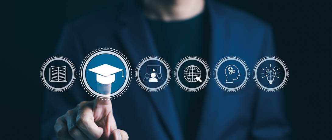 Online education and e-learning concepts. A man interacts with e-learning icons virtually, signifying modern online education methods. learning online webinar, video tutorials, training study course,