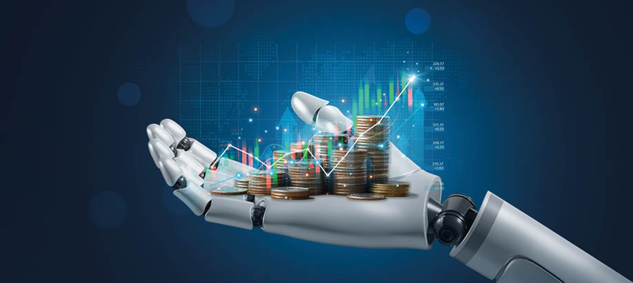 AI(Artificial Intelligence) and Financial Technology concept.Robot Hand holding stacking pile of coins and analyzing the stock market. , Financial technology, Stock chart, Investment, AI economy.