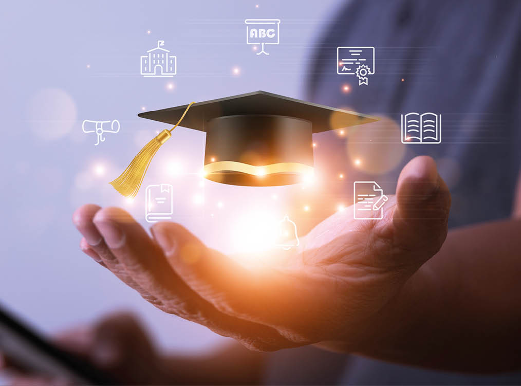 businessman holding Graduation cap with educational icons in hand Archive of global business education, study abroad, back to school Educational concept