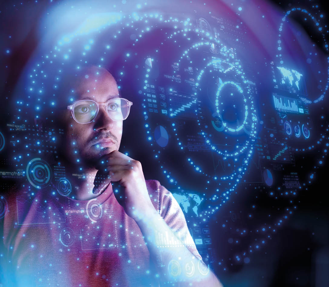 Man look at the dashboard with graphs and charts. Concept of data management system, business intelligence, data statistics, marketing analysis, key performance indicators (KPI) and analytics.