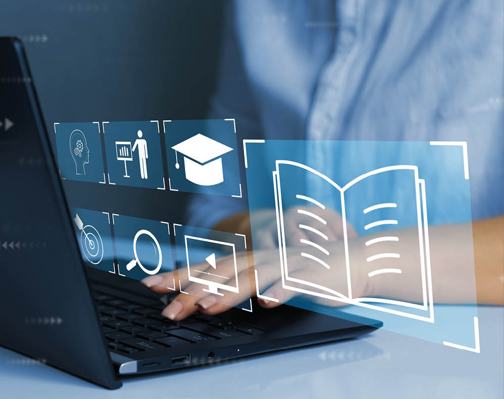 E-learning education, internet lessons and online webinar. Person who attends online lessons on a digital screen.Education internet Technology.