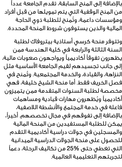 بالإضافة إلى المنح السابقة، تقدم الجامعة عدداً من المنح الوقفية التي يتم تمويلها من قبل أفراد ومؤسسات داعمة، وتُمنح ل...