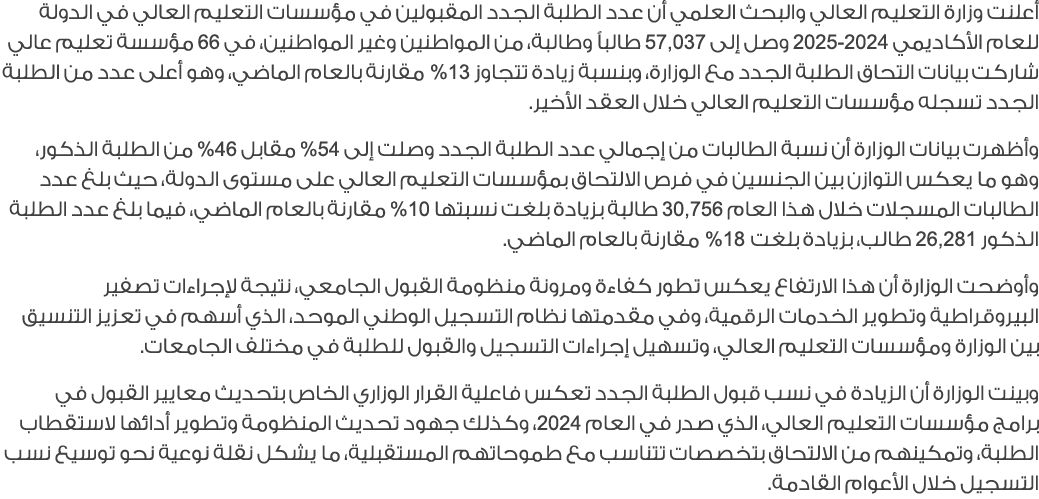 أعلنت وزارة التعليم العالي والبحث العلمي أن عدد الطلبة الجدد المقبولين في مؤسسات التعليم العالي في الدولة للعام الأكا...
