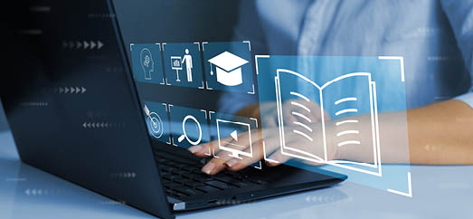 E-learning education, internet lessons and online webinar. Person who attends online lessons on a digital screen.Education internet Technology.