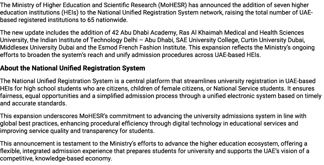 The Ministry of Higher Education and Scientific Research (MoHESR) has announced the addition of seven higher educatio...