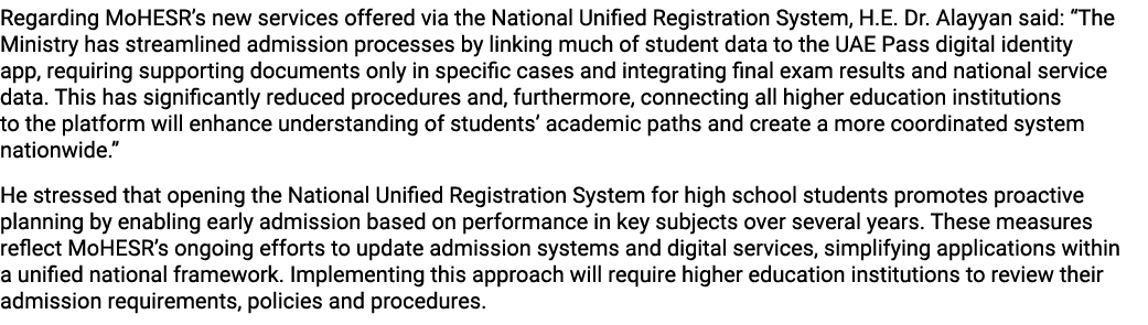 Regarding MoHESR’s new services offered via the National Unified Registration System, H.E. Dr. Alayyan said: “The Min...
