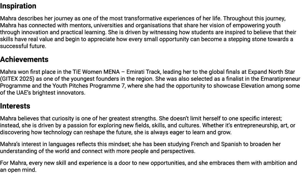 Inspiration Mahra describes her journey as one of the most transformative experiences of her life. Throughout this jo...
