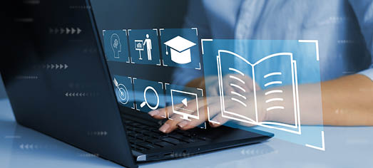 E-learning education, internet lessons and online webinar. Person who attends online lessons on a digital screen.Education internet Technology.