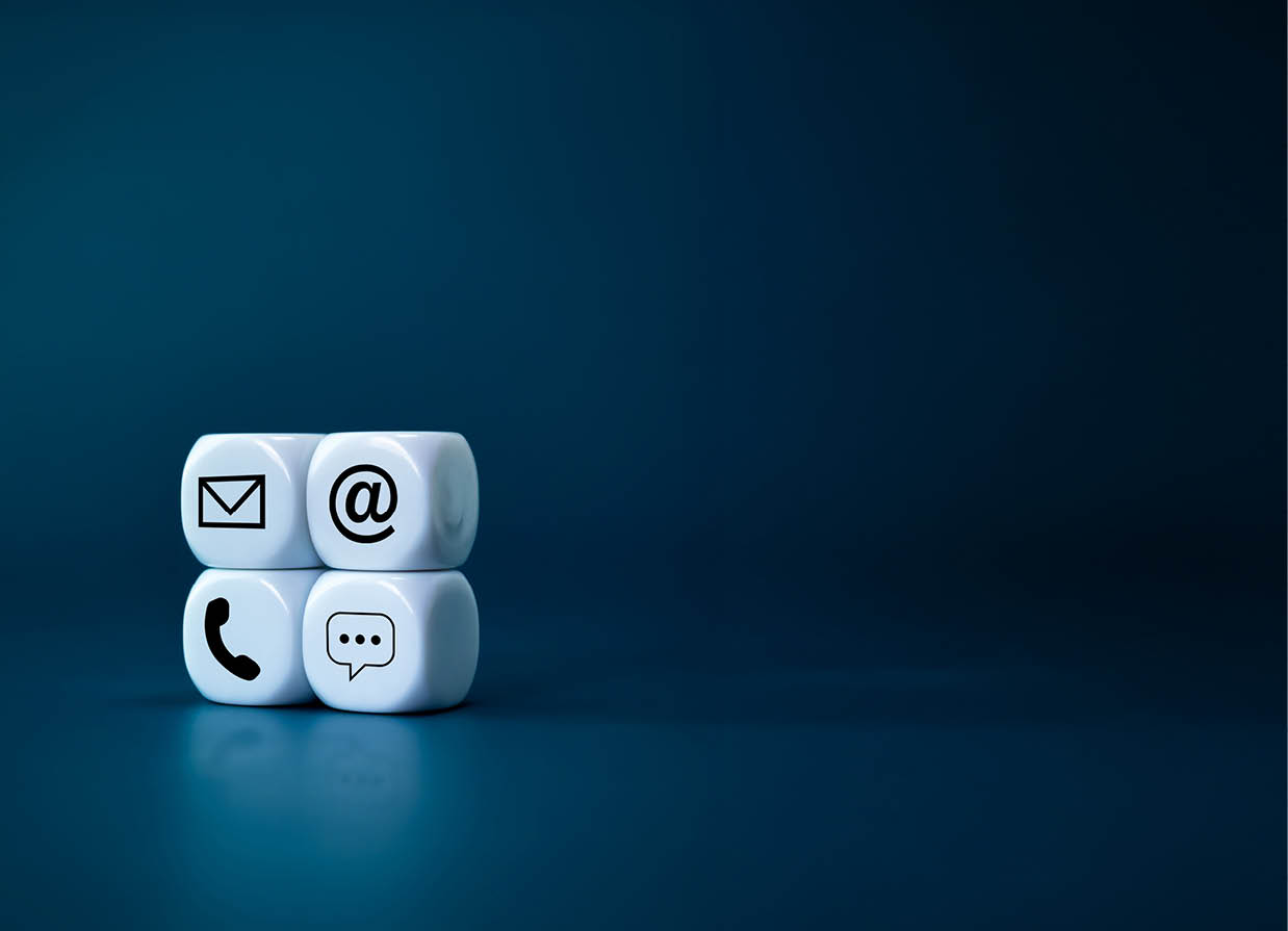 Contact us concept. Company website, FAQ, hotline phone number call, address, e-mail marketing and chat for customer support . Contact us icons on white cube blocks on blue background, vertical style.