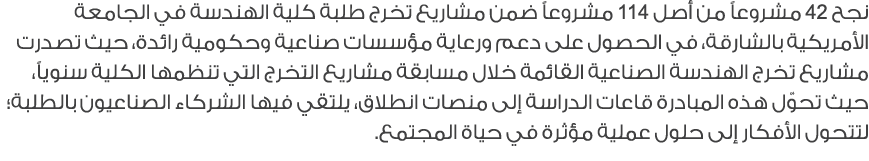 نجح 42 مشروعاً من أصل 114 مشروعاً ضمن مشاريع تخرج طلبة كلية الهندسة في الجامعة الأمريكية بالشارقة، في الحصول على دعم ...