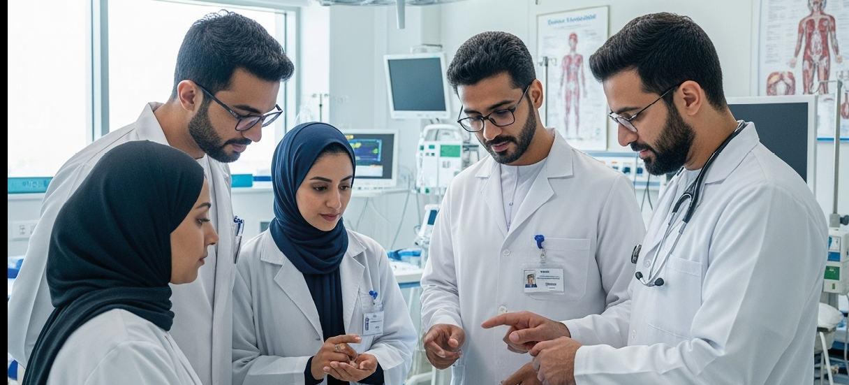 emirati doctors doing clinical trial in hospital room 