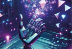 Cyberpunk photo of artificial intelligence scene with a robotic hand 3D triangles and purple and blue lights