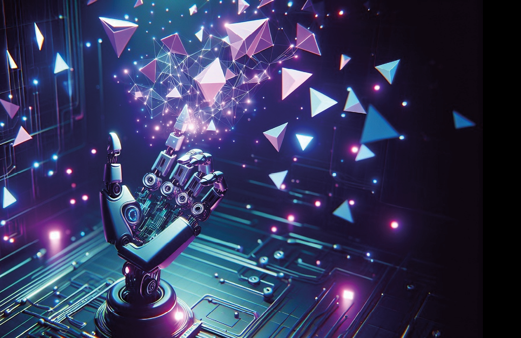 Cyberpunk photo of artificial intelligence scene with a robotic hand 3D triangles and purple and blue lights