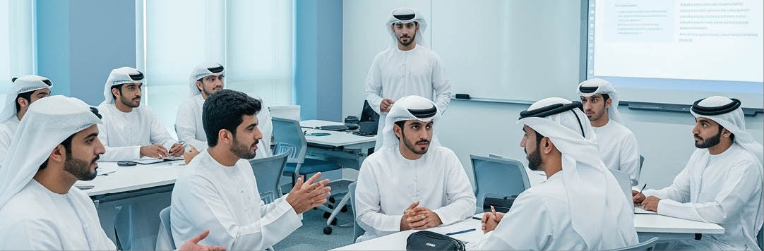 Male Emirati students, modern classroom setting, focused on national security topics, engaged in discussion, modern educational environment, diverse group, vibrant colors, professional and polished look, sense of collaboration and learning, sleek and