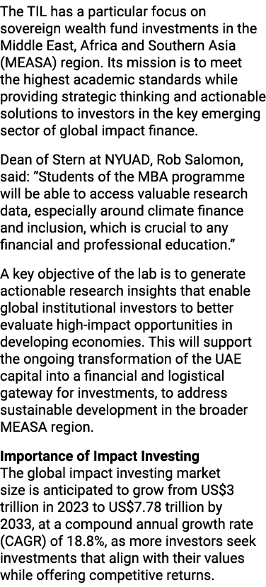 The TIL has a particular focus on sovereign wealth fund investments in the Middle East, Africa and Southern Asia (MEA...
